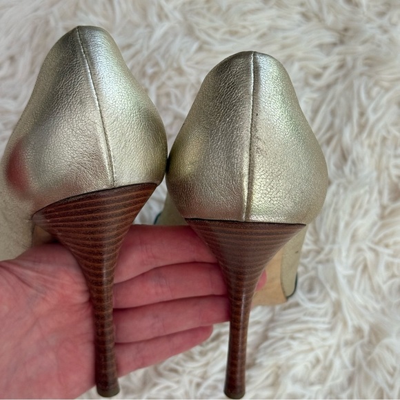 Giuseppe Zanotti Peep Toe Gold Black Patent leather Stiletto Pump SZ 37.5 B sexy - Picture 6 of 13